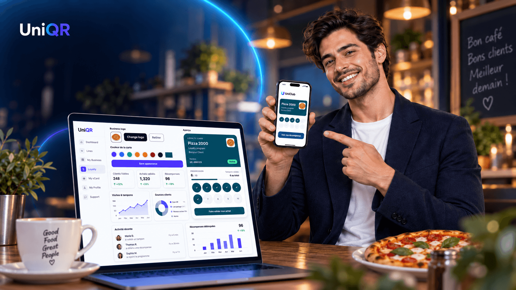 UniClub Pizza 2000 avec carte mobile client et dashboard commerçant